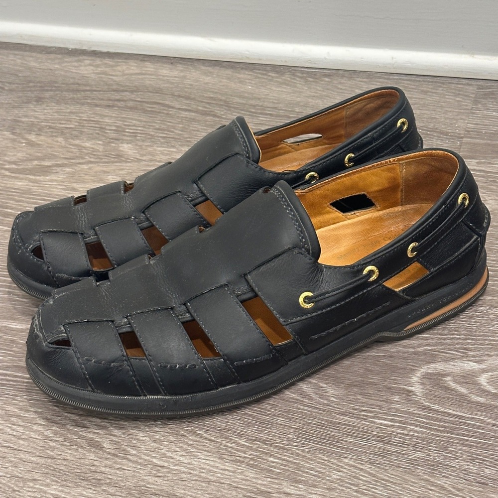 Sperry Top-Sider Mens Black Leather Fisherman Sandals Vibram Sole 12 Outdoors